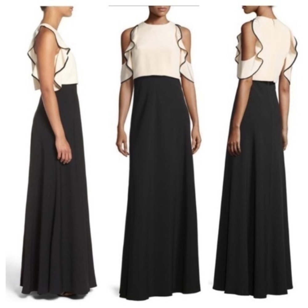 Jill Stuart bisque black popover cold shoulder ruffle full length gown L24